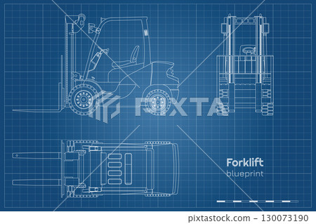 Outline forklift drawing. Linear cargo loader. Side, front and top view of industrial machine. Contour blueprint of warehouse transport. Logistic vehicle Outline forklift drawing. Linear cargo loader. Side, front and top view of industrial machine. Contour blueprint of warehouse transport. Logistic vehicle 130073190