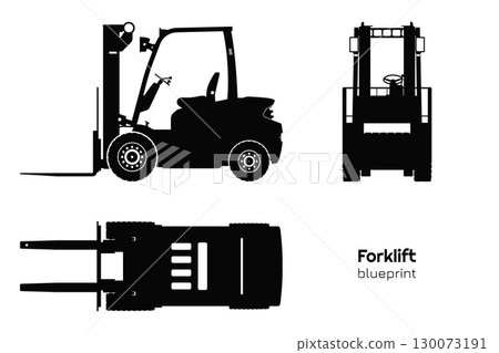 Forklift drawing. Isolated cargo loader silhouette. Side, front and top view of industrial machine. Model of warehouse transport. Logistic vehicle 130073191
