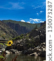 Scenic Mountain Canyon with Wildflower and River Under Blue Sky 130073287