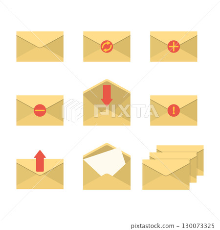 Mail Envelopes Vector Set. Email Icon Collection. Flat Paper Letter Illustration. Postal Envelopes Template, Incoming and Outgoing Mail Symbols. Isolated Message Icons 130073325