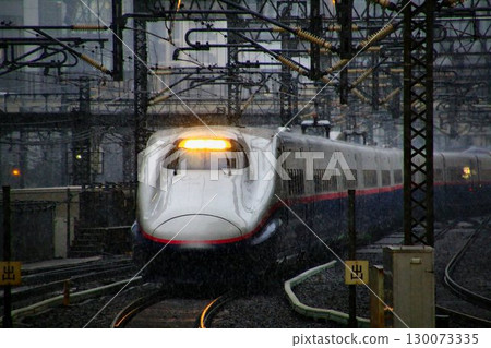 "Heavy snow warning" has been issued at Tokyo Station... [E2 series Shinkansen] going through snowfall 130073335