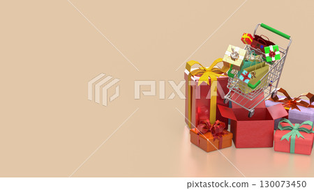 The Shopping Cart and Gift box for Holiday promotion concept 3d Rendering. 130073450