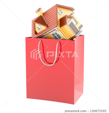 House in red shopping bag. Real estate purchase and property market, concept. 3D rendering 130073595