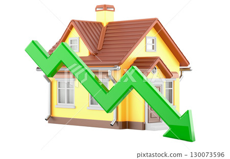 House price decline concept with home and green arrow. 3D rendering 130073596