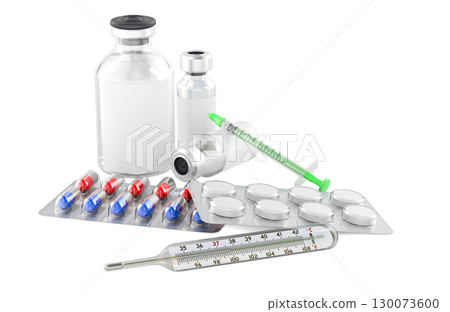 Medicine bottles with tablets, capsules, syringe and thermometer. 3D rendering 130073600