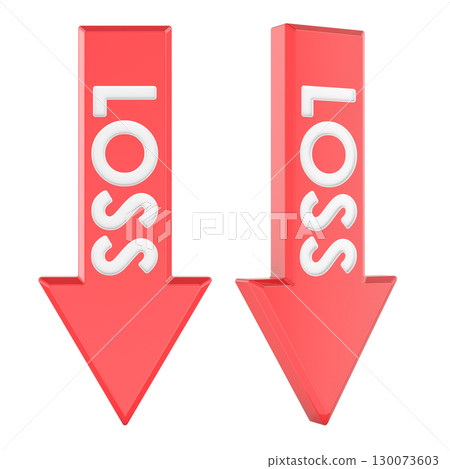 Red loss arrows, pointing down. Front and side views, 3D rendering Red loss arrows, pointing down. Front and side views, 3D rendering 130073603