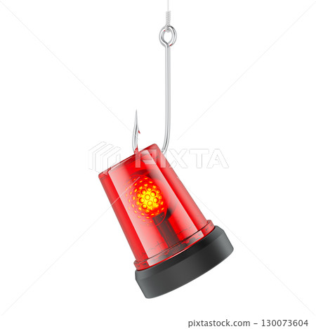 Red warning light on fish hook. 3D rendering Red warning light on fish hook. 3D rendering 130073604