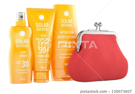 Sun protection cosmetics with red coin purse. 3D rendering 130073607