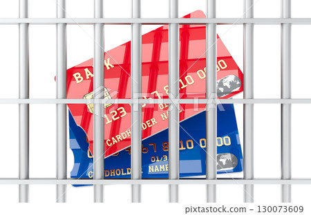 Credit cards locked behind prison bars symbolizing account freeze, card restriction or financial fraud. 3D rendering Credit cards locked behind prison bars symbolizing account freeze, card restriction or financial fraud. 3D rendering 130073609