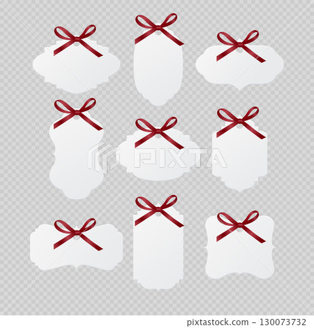 Blank Vintage Paper Labels with Red Silk Gift Decorative Bow Vector Set. Empty Sticker Templates Illustration. White Label Icons. Isolated Label Shapes Collection. Paper Tags, Badge Design Templates 130073732