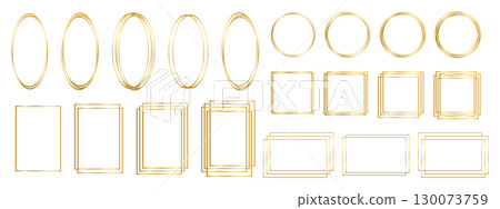 Set of golden oval, round, square and rectangular frames isolated on white background. Collection of shiny luxury borders. Design elements for banners, greeting or wedding cards. Vector illustration 130073759