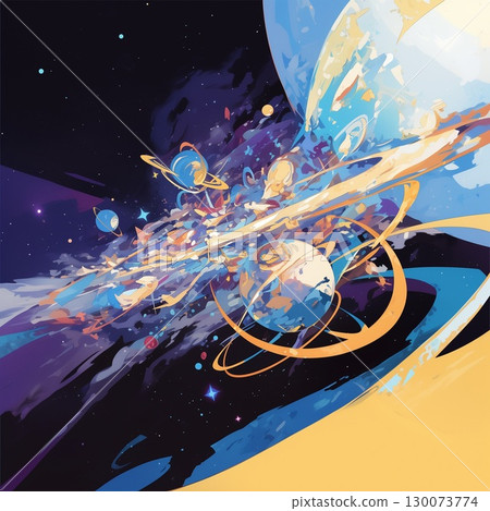 奇妙的太空藝術，行星和彩色軌道相交 130073774