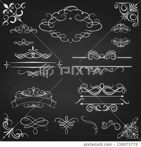 Vintage Decorative Frames and Ornaments Vector Set. Chalkboard Elegant Dividers Illustration. Retro Flourishes, Swirls Collection. Wedding Invitation Design Elements, Classic Calligraphic Borders 130073778