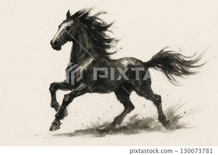 An illustration of a powerful horse running in a sumi-e style 130073781