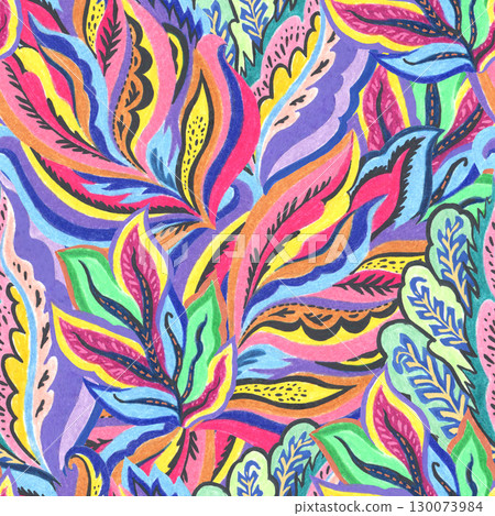 Colorful psychedelic seamless pattern with abstract ornamental floral. Hand-drawn print in traditional media. Colorful psychedelic seamless pattern with abstract ornamental floral. Hand-drawn print in traditional media. 130073984