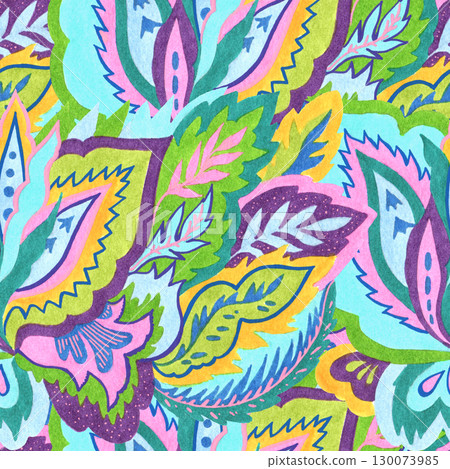 Colorful psychedelic seamless pattern with abstract ornamental floral. Hand-drawn print in traditional media. 130073985