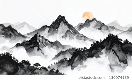 Ink Wash Mountains and Sunrise 130074189