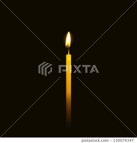 Thin Burning Candle Vector Illustration. Slim Wax Candle with Flame. Single Tall Candle on Black Background. Realistic Glowing Candle Light. Decorative Candle for Church, Memorial, Romantic or Holiday 130074347