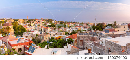 Panoramic view of old town in Rhodes, Greece at sunrise Panoramic view of old town in Rhodes, Greece at sunrise 130074400