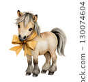 Watercolor illustration of a pony with a yellow bow, symbol of the year on a white background 130074604