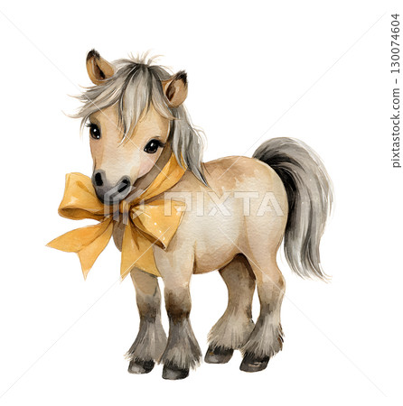 Watercolor illustration of a pony with a yellow bow, symbol of the year on a white background 130074604