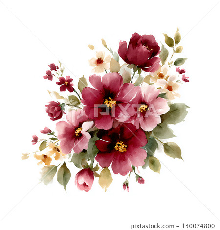 Watercolor illustration of a bouquet with burgundy flowers. Perfect for invitations and cards. 130074800