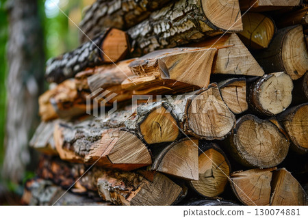 大自然中整齊堆疊的一堆柴火 130074881