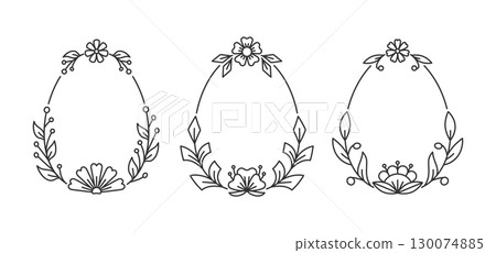 Egg shape floral frame with black outline twigs, leaves, buds, petals, flower heads. Linear ornament of spring foliage, botanical minimal bloom design thin stem elements, oval composition, plant form Egg shape floral frame with black outline twigs, leaves, buds, petals, flower heads. Linear ornament of spring foliage, botanical minimal bloom design thin stem elements, oval composition, plant form 130074885