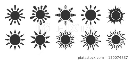Sun icon black silhouette set, abstract flat radial star with various ray, graphic sunburst sign, solar image, minimal sunshine symbol, weather daylight sketch, heat pictogram, circular energy emblem Sun icon black silhouette set, abstract flat radial star with various ray, graphic sunburst sign, solar image, minimal sunshine symbol, weather daylight sketch, heat pictogram, circular energy emblem 130074887