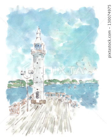 江之島燈塔的夏日風景。水彩插圖 130074975
