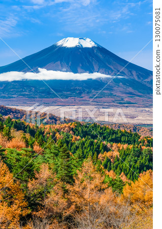 從山梨縣二重曲山口眺望秋天色彩斑斕的富士山 130075081