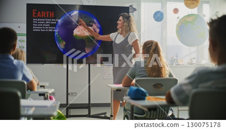 Elementary School Students Studying Basic Information About Solar System and Planets 130075178
