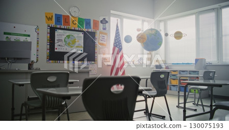 American Elementary School: Interior of Empty Classroom with Desks for Students American Elementary School: Interior of Empty Classroom with Desks for Students 130075193