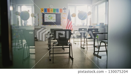 American Primary School: Interior of Modern Empty Classroom with Desks for Students American Primary School: Interior of Modern Empty Classroom with Desks for Students 130075204