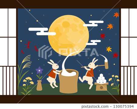 Moon viewing illustration material: A full moon seen through a shoji window, a rabbit pounding mochi, and autumn flowers Moon viewing illustration material: A full moon seen through a shoji window, a rabbit pounding mochi, and autumn flowers 130075394