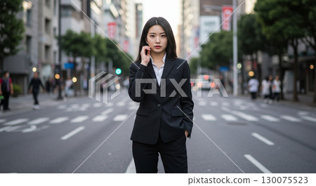 A woman in a suit looking at people in the street 130075523