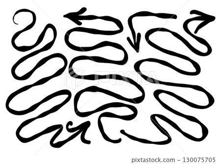 Set of hand drawn arrows in creative doodle style. Curly, circular and twisting arrows with sketchy lines and wobble effect. Perfect for design elements, diagrams and creative decoration. 130075705