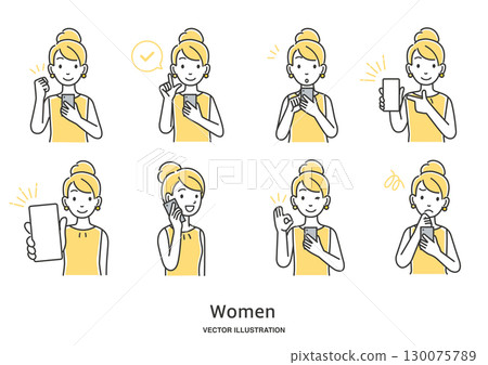 操作智慧型手機的女性插畫集 130075789