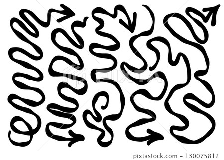 Arrow vector line icons set. Hand drawn arrows in creative doodle style. Curly, circular and twisting arrows with sketchy lines and wobble effect. Vector illustration 130075812