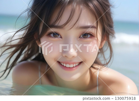 美麗海邊穿著比基尼的微笑可愛女孩的肖像 130075918