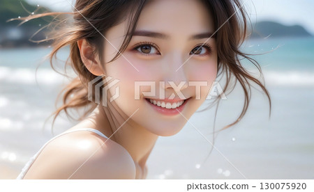 美麗海邊穿著比基尼的微笑可愛女孩的肖像 130075920