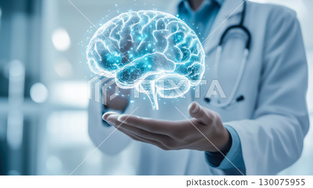 A doctor carefully examines a virtual human brain x-ray projection. The integration of advanced technology in medical diagnostics. Generative AI. 130075955