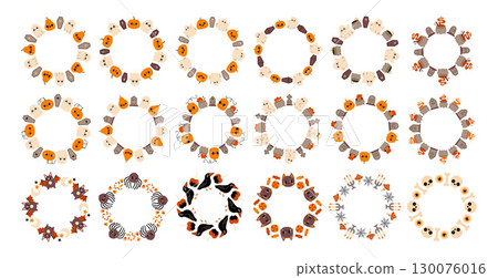 Simple Halloween circle frame set. Cute Halloween frame border collection on white background. The round vector design, perfect for spooky autumn decorations, banners, stickers, ads, sale. Simple Halloween circle frame set. Cute Halloween frame border collection on white background. The round vector design, perfect for spooky autumn decorations, banners, stickers, ads, sale. 130076016