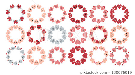 Valentines day heart circle frame set. Round love themed border collection made of hearts. Pink, red and blue colors valentine day hand drawn banner vector isolated on white background. 130076019