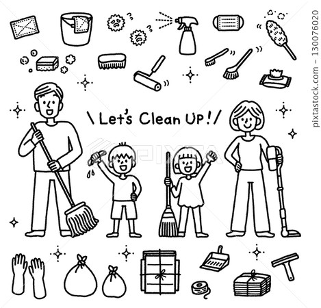 Cleaning, family, parent and child, children, cleaning tools, icon, illustration set, monochrome 130076020