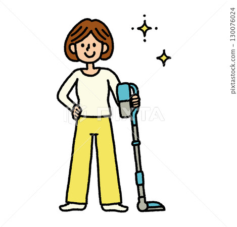 女人清潔無線吸塵器手繪插畫素材 130076024