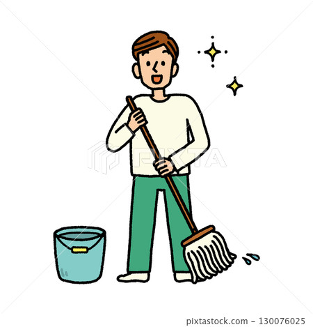 Male cleaning mop bucket hand-drawn illustration material 130076025