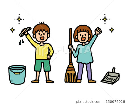 清潔兒童男孩女孩抹布掃帚手繪插畫 清潔兒童男孩女孩抹布掃帚手繪插畫 130076026