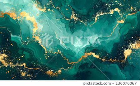 Emerald green and gold glitter background, vivid and luxurious cosmetic material 130076067