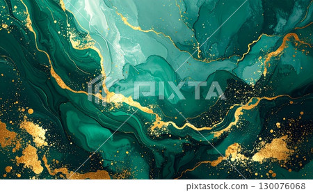 Emerald green and gold glitter background, vivid and luxurious cosmetic material 130076068